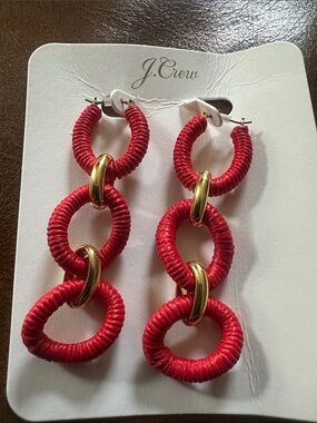 J. Crew Red Triple-Loop Wrapped Hoop Earrings with Gold-Tone Rings